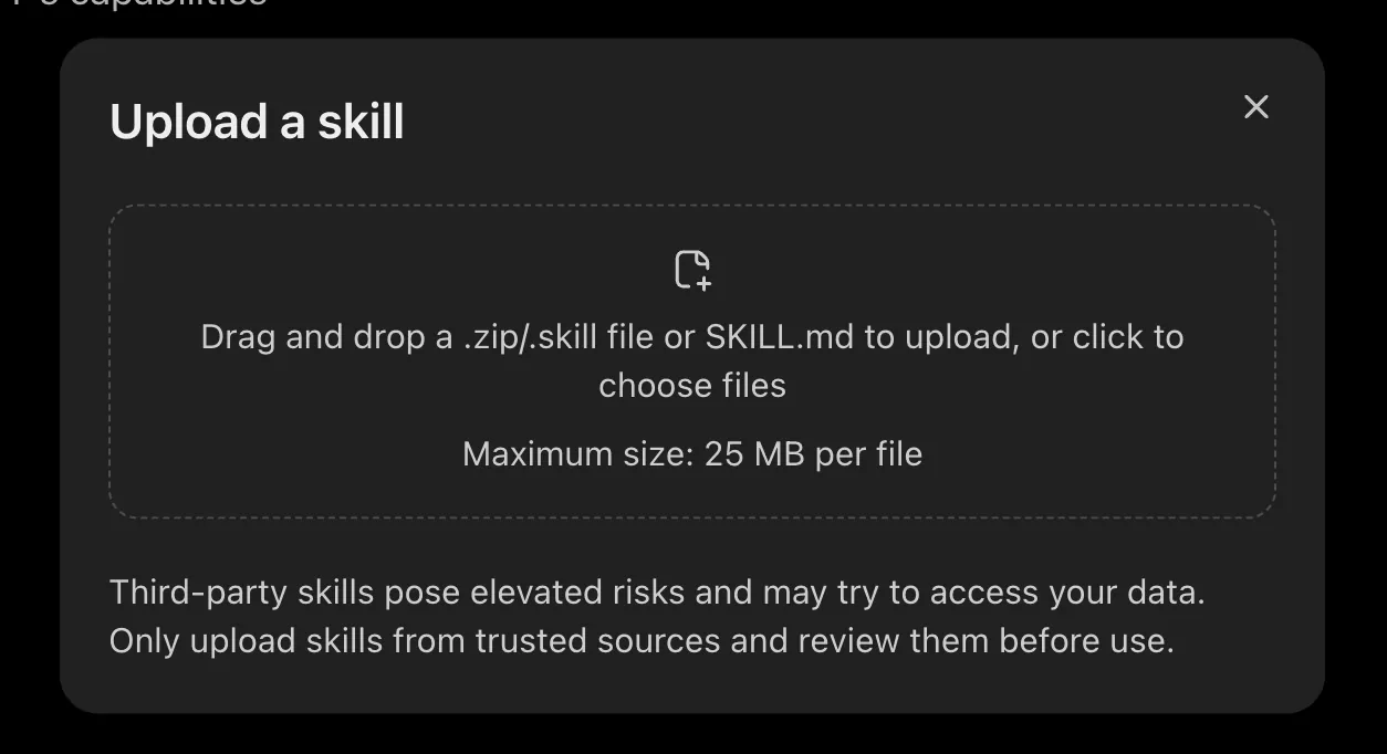 Upload a skill dialog